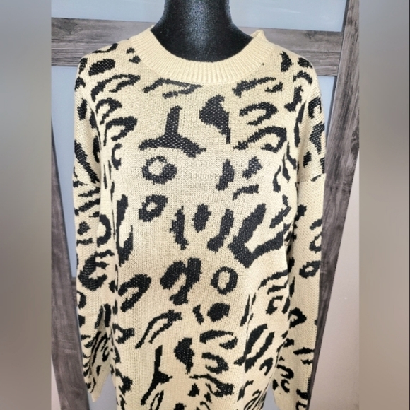 Women's Leopard Print Long Sleeve Sweater Dress- Light Brown/ Black - Picture 8 of 13